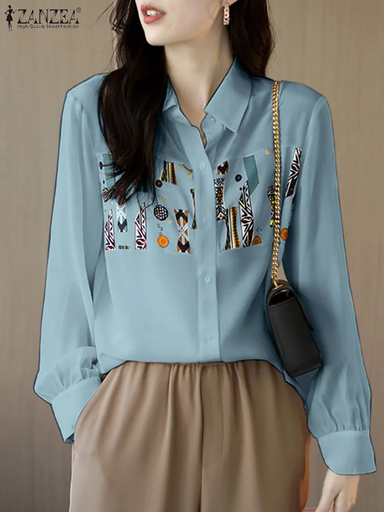 

Модная женская блузка ZANZEA с отложным воротником и длинным рукавом, повседневные свободные офисные блузы, женская рубашка с цветочным принтом, осенний Топ-туника