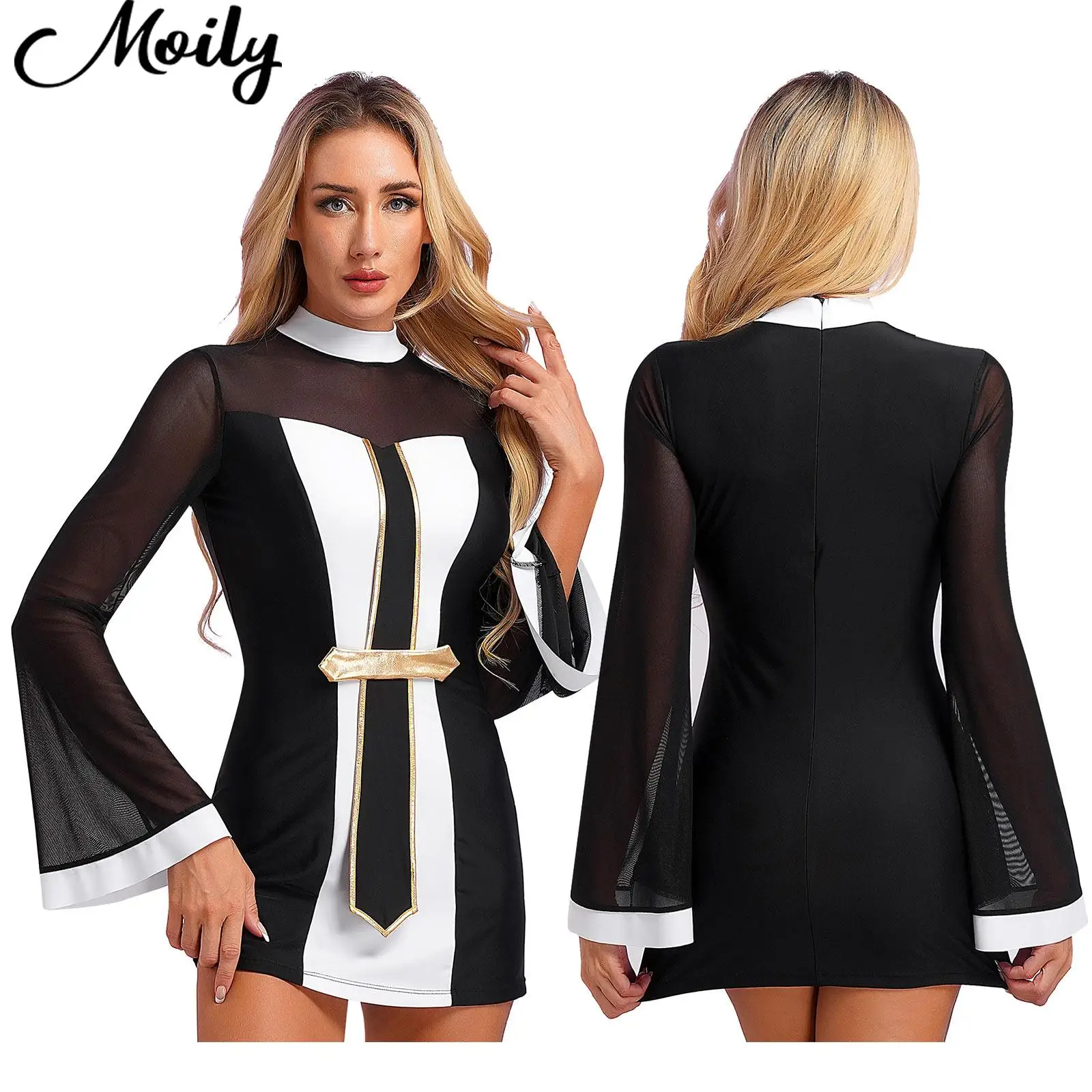

Womens Halloween Twisted Sister Nun Cosplay Costumes Mock Neck Flared Sleeve Cross Contrast Mini Dress for Dress-Up Party