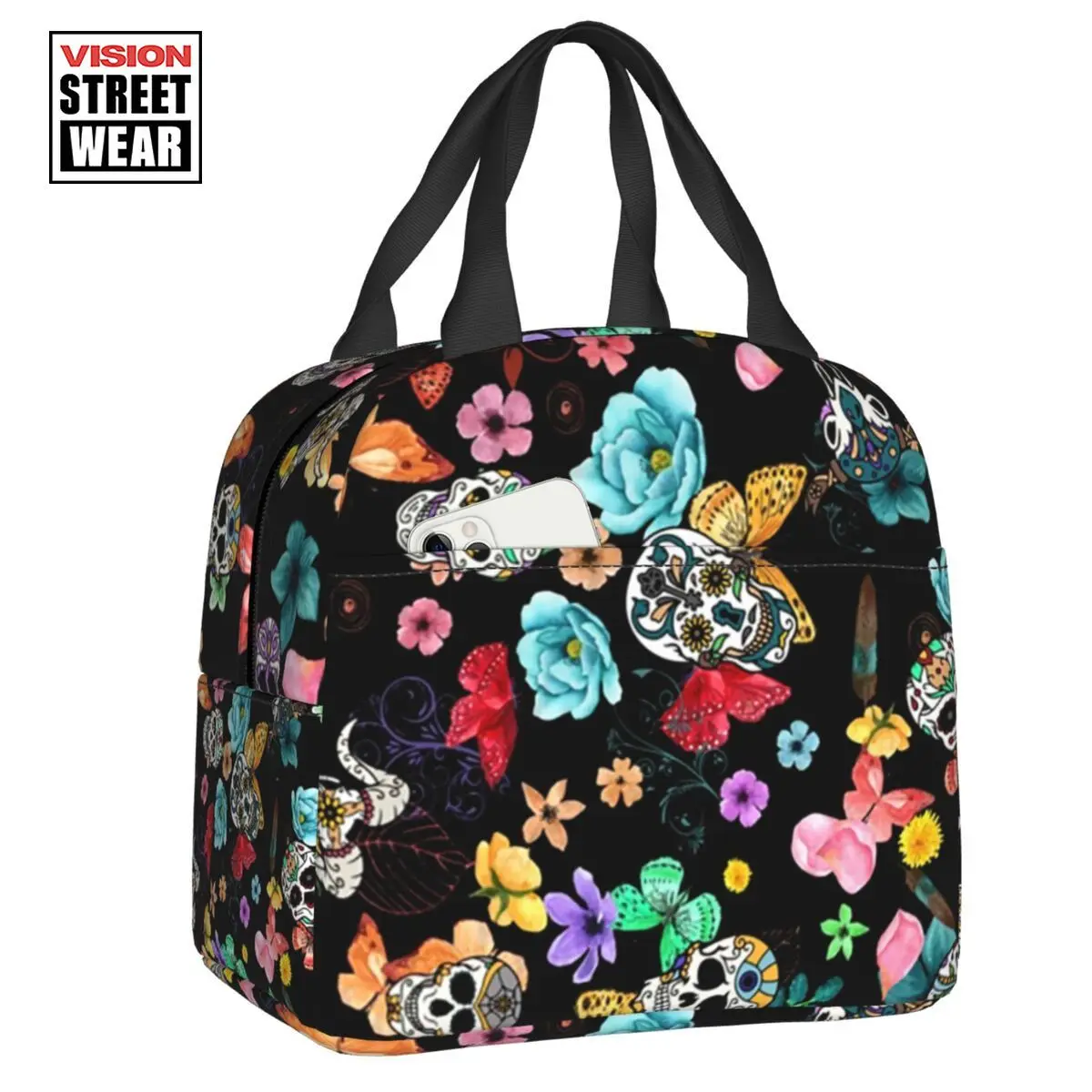 

2023 New Sugar Skulls Flower Insulated Lunch Bags For Work School Day Of The Dead Portable Cooler Thermal Bento Box Women Kids