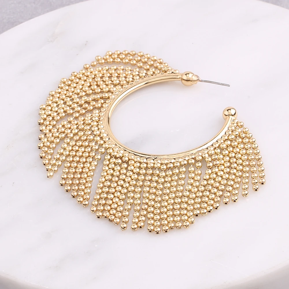 Металлические серьги с кисточками из рисовых бусин модные круглые длинные для