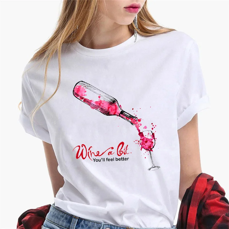 

2022 New Hot Summer Tshirt Women's Street Style Femme T-shirt Wine Cup Pattern Print Tops Ladies Short Sleeve Tees Streetwear