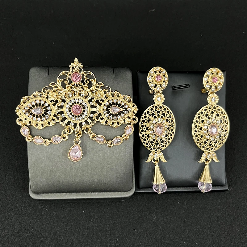

Blue Pink Crystal Classic Broches Joyeria Gold Plated Moroccan Trendy Wedding Jewelry Ethnic Bridal Gifts Muslim Hijab Pins