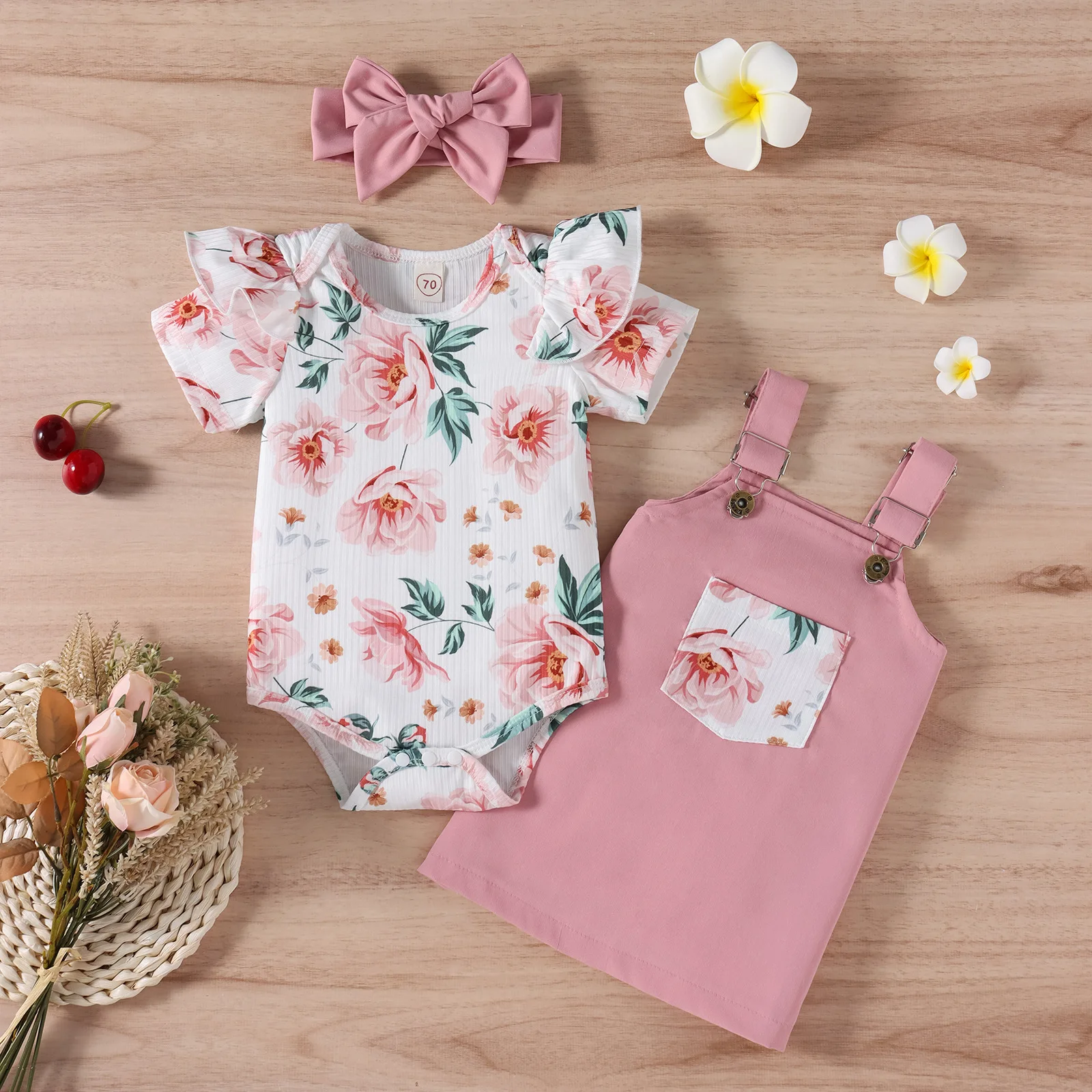 Summer New Baby Girl Clothes 3 Pcs Set Cotton Baby Print Fly Sleeve One-Piece Dress With Straps Cute Baby Toddler Clothes 3-18M