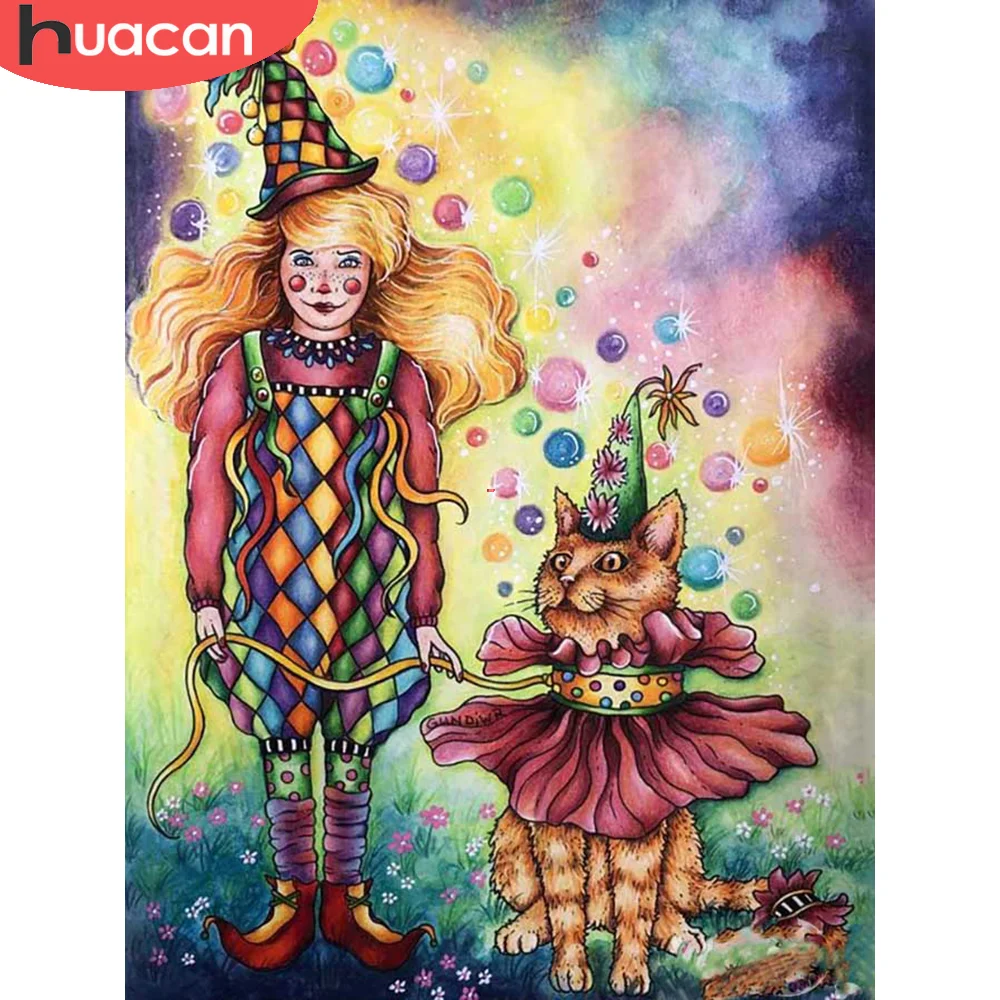 

HUACAN 5D Diamond Painting Girl Portrait Cat Picture Of Rhinestone Diamond Embroidery Clown Mosaic Cross Stitch Handmade Gift