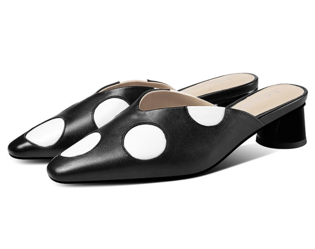 Big Dot Mid Heels Slippers Women Summer Shoes Sexy Sandals Leather Mules Shallow Slides High Heel Shoes Zapatos De Mujer