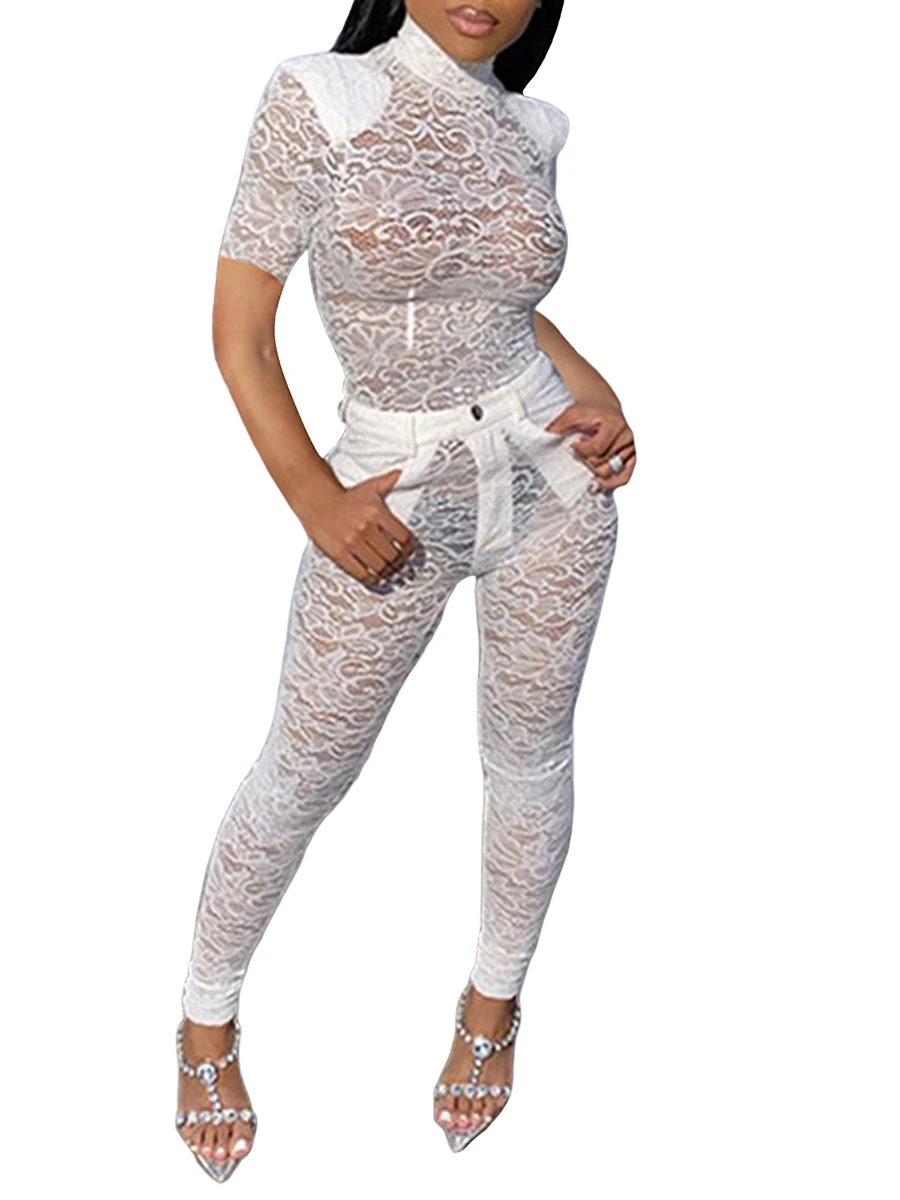 

Sexy Lece Transparent Two Piece Sets Women Mesh Fashion Hot Long Sleeve Outfits Skinny Party Solid Top And Pants Set