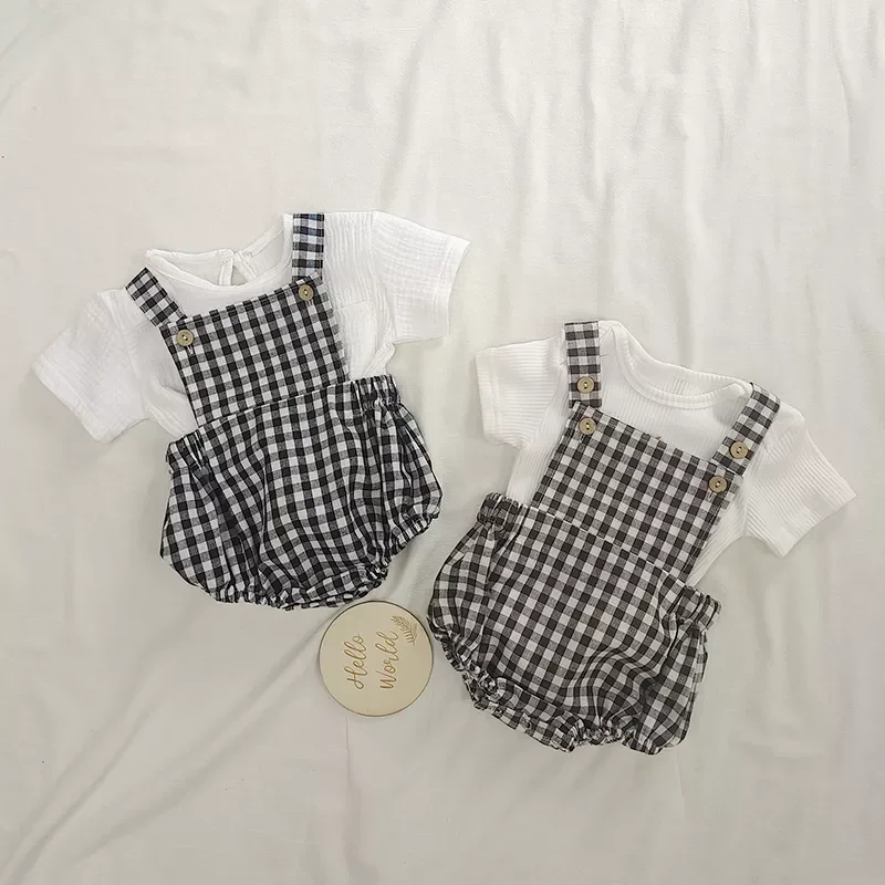 Summer Baby Clothes Baby Boys Girls White T Shirt + Plaid Strap Pants Rompers Toddler Fashion Jumpsuit Clothing Set