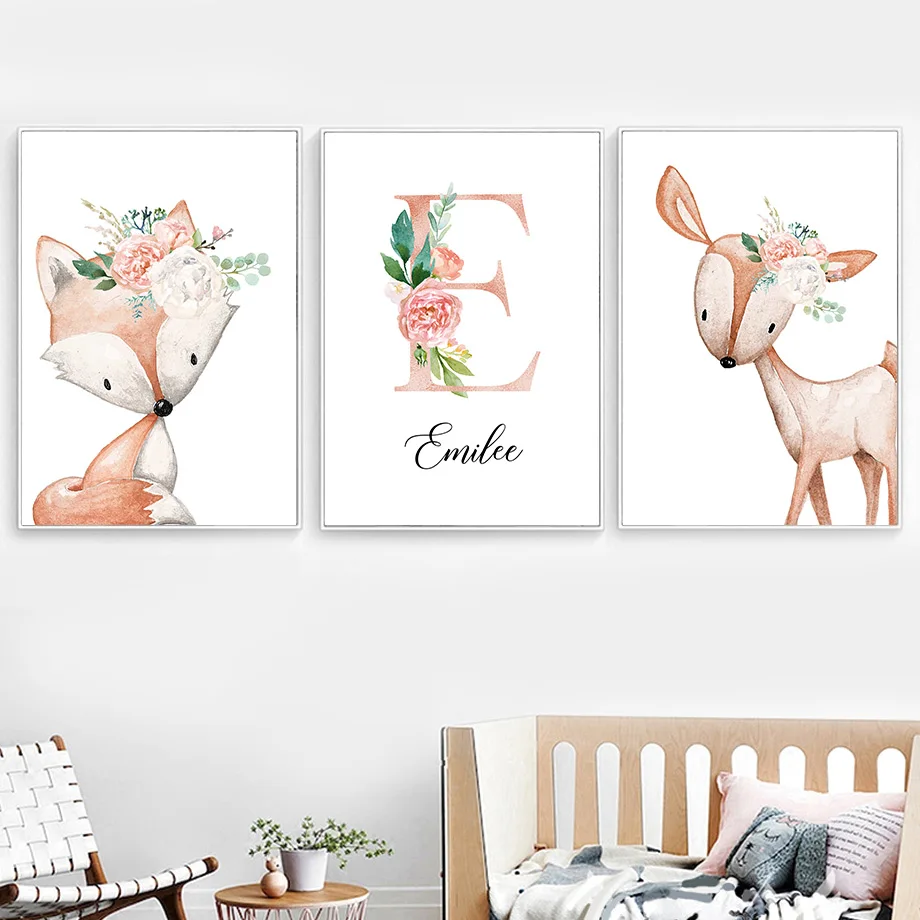 

Baby Name Fox Deer Wall Art Poster Animal Art Print Leaf Flower Canvas Painting Nursery Wall Art Nordic Picture Kids Room Decor