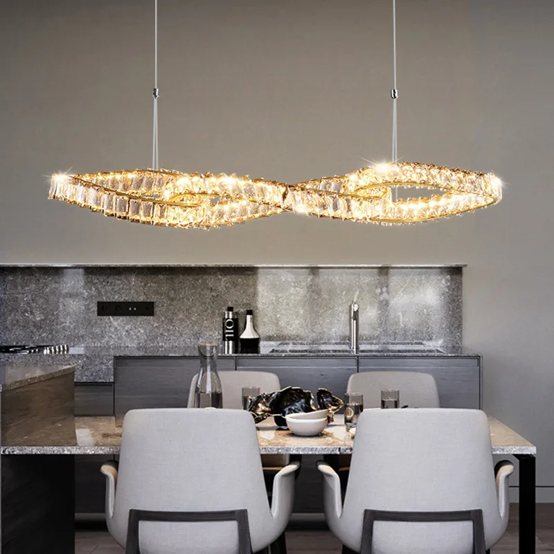 

New Design Crystal Chandeliers Kitchen Island Rectangle Dining Room Modern Light Fixtures Led Hanging Lamp Indoor Lighting