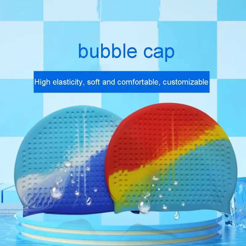 

1 Pack High Stretch Swimming Cap Silicone Non-Slip Bubble Cap Men Women Solid Color Mixed Color Long Hair Sports Swimming Cap