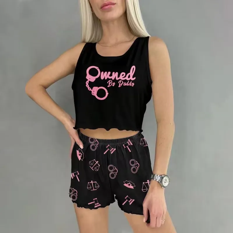 Cartoon Printed Pajamas Women's Vest Shorts Short Style Nightdress Suit Stylish Sexy Two-piece Pajamas Home Clothes Suit