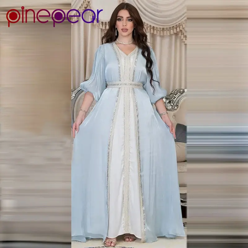 

PinePear Morocco Muslim Party Dress Women 3 Piece Set Islamic Dresses Belt Diamonds Kaftan Vestidos Maxi Abayas Elegant Caftan