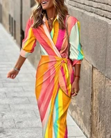 2022 european and american summer fashion casual print lapel bandage split skirt womens elegant slim fitting shirt dress