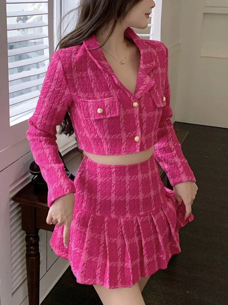 

Autumn Winter Two Piece Outfits For Women Vintage Tweed Crop Top + Mini Pleated Skirts Suits Ladies Fashion 2 Piece Sets