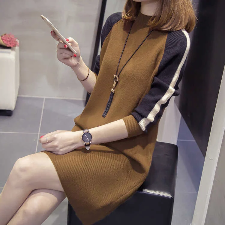 

Spring Intercolor Winter Autumn Christmas Dress Elegant Medium Length Long Sleeve Round Neck Hip Wrap Straight Fashion Shirt
