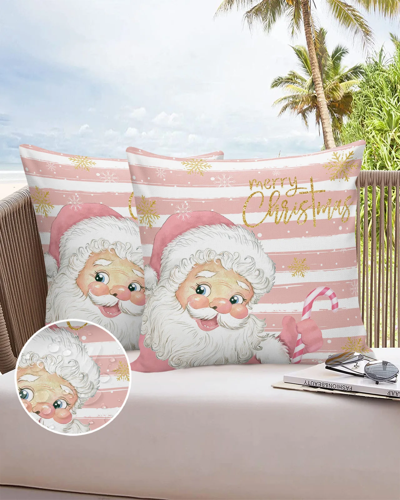 

2/4PCS Christmas Pink Old Man Snowflake Candy Waterproof Decorative Sofa Pillowcase Case Garden Yard Cushion Cover