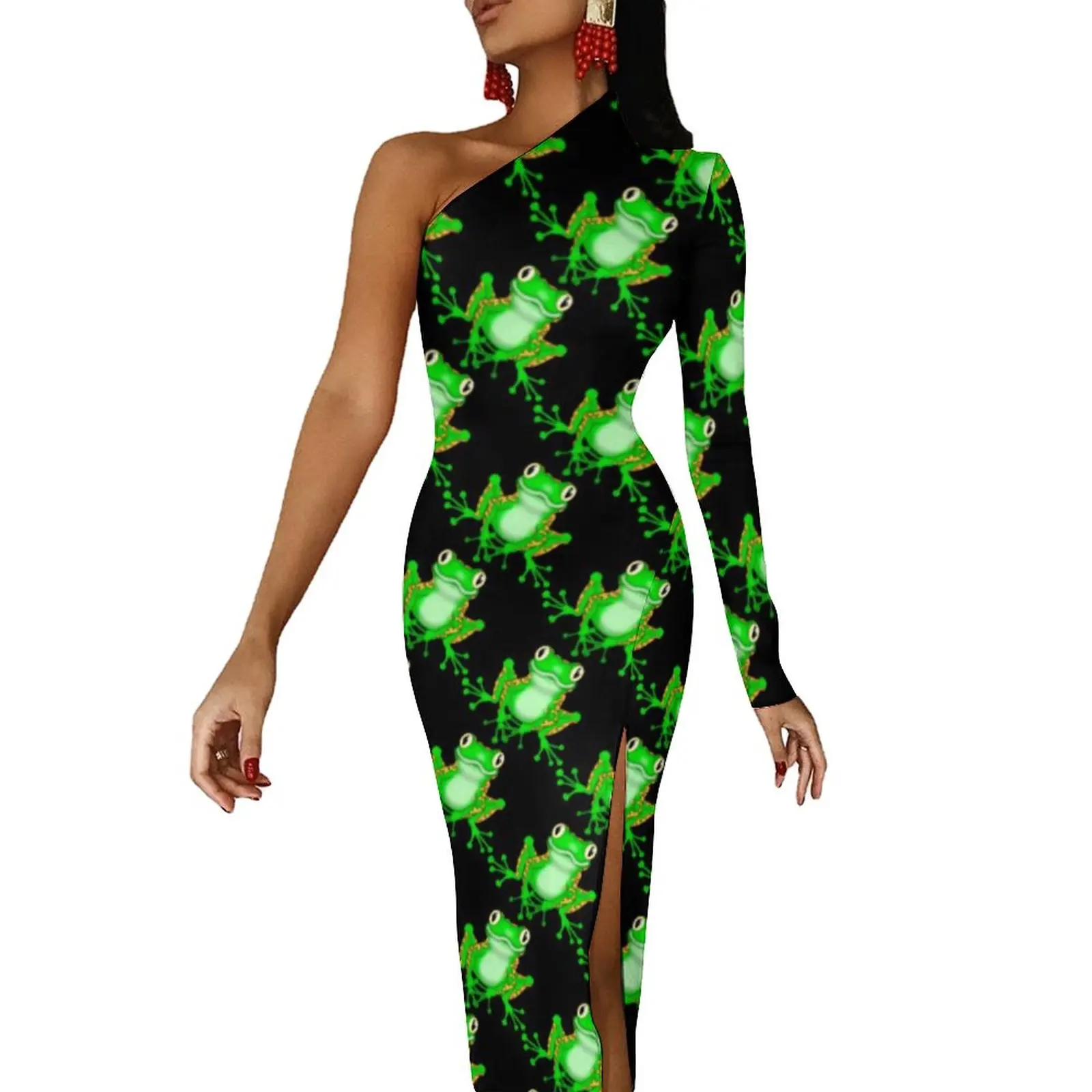 

Green Funny Frog Maxi Dress Long Sleeve Cute Animal Print Street Wear Bodycon Dresses Spring Elegant Dress Women Pattern Vestido