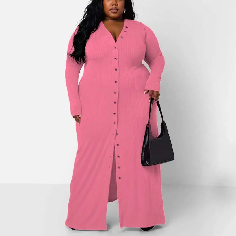 4XL 5XL Plus Size Dresses for Women Single Breasted V Neck Full Sleeve Bodycon Floor Length Elegant Large Party Birthday Dress