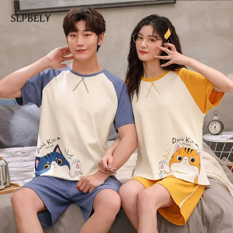 

SLPBELY Summer Couple Pajamas Set Cartoon Cat Lover Pyjamas With Shorts Short Sleeve Sleepwear Cute Homewear Nightwear Home Suit