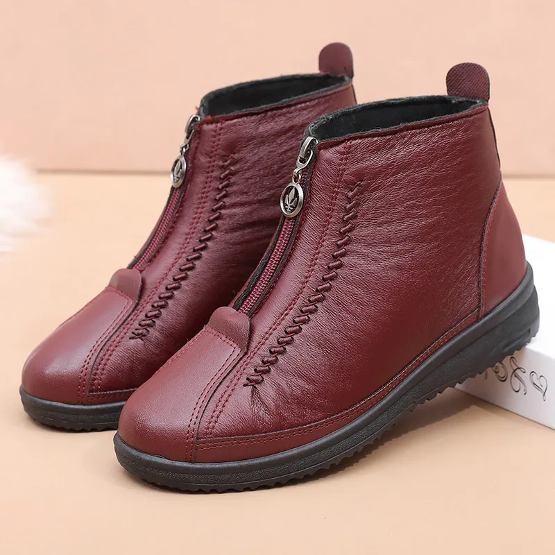 

Designer Leather Ankle Boots Women's Winter Plush Shoes Waterproof Short Boots Ladies Front Zipper Fur Booties Woman Flat Boots