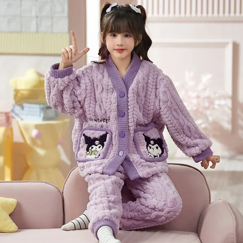 Sanrios зимний пижамный костюм для девочек Kawaii Kuromi Hello Kitty подростковый домашняя