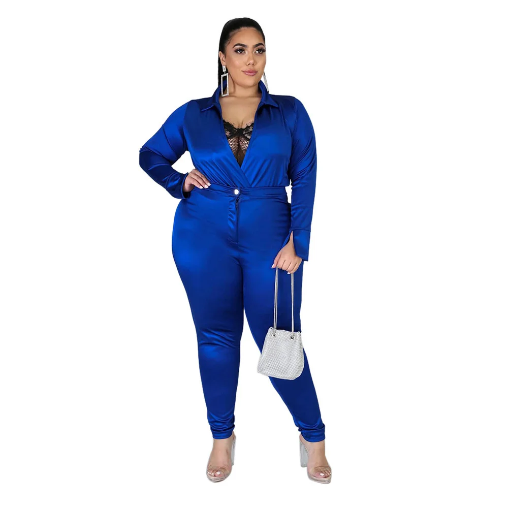 Plus Size Winter Bodysuits Sets Women Clothing Solid Color Long Sleeve v Neck Two Piece Pant Suits Whol 3xl 4xl 5xl 6xl