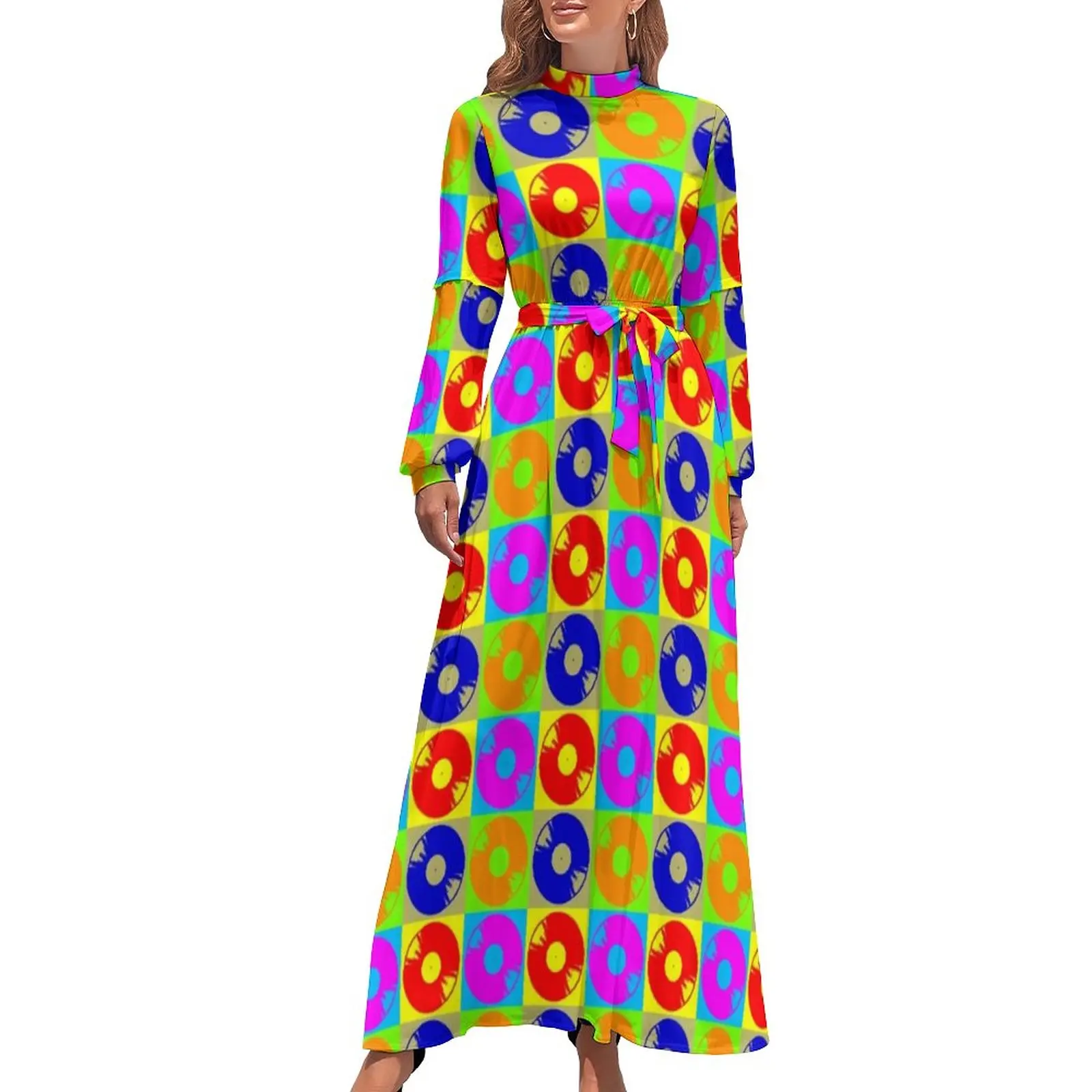 

Vintage Music Dress Disco Pop Art Cute Maxi Dress Aesthetic Beach Long Dresses High Neck Printed Clothes