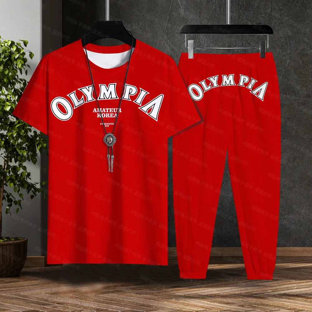 OLYMPIA High Quality Print Gym Shirt Sports T-Shirt Men Short Sleeve Running Trousers Set Workout Training Fitness Loose Plus Si