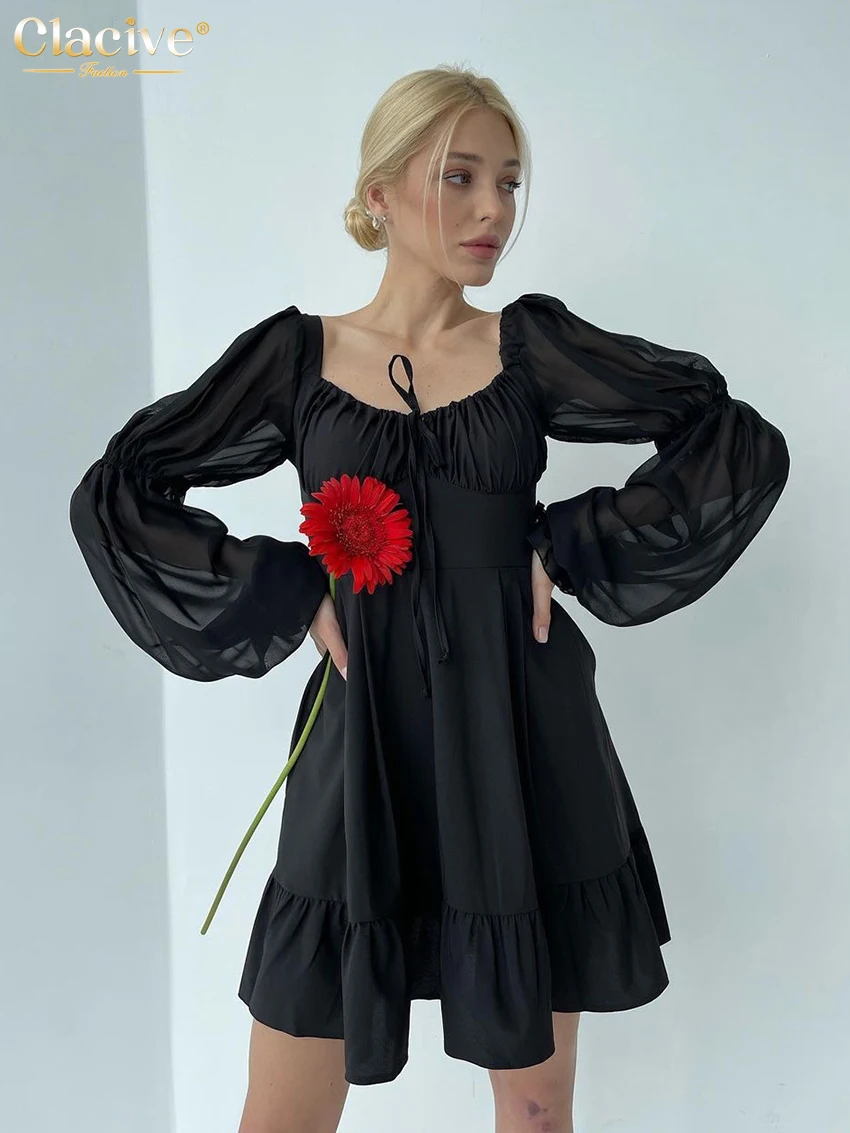 

Clacive Casual Sweet Square Collar Mini Dress Lady Autumn Long Sleeve Black Dress Elegant Chiffon Spliced Dresses For Women 2022