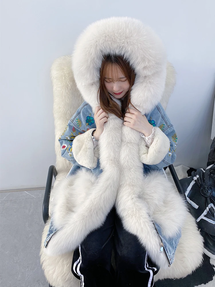 Down Parka Women Winter Jacket with Real Fur Embroidery Denim New Fashion Genuine Rabbit Fur Coat Women Plus Size Fox Fur Jacket