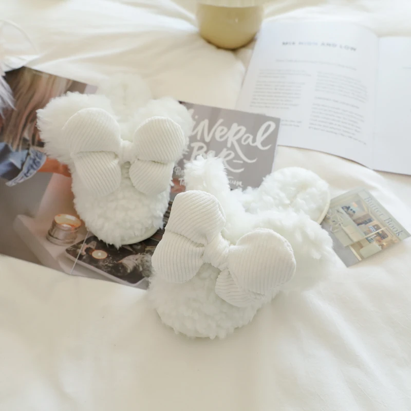 Новые Симпатичные плюшевые женские тапочки с большим трехмерным бантом теплая