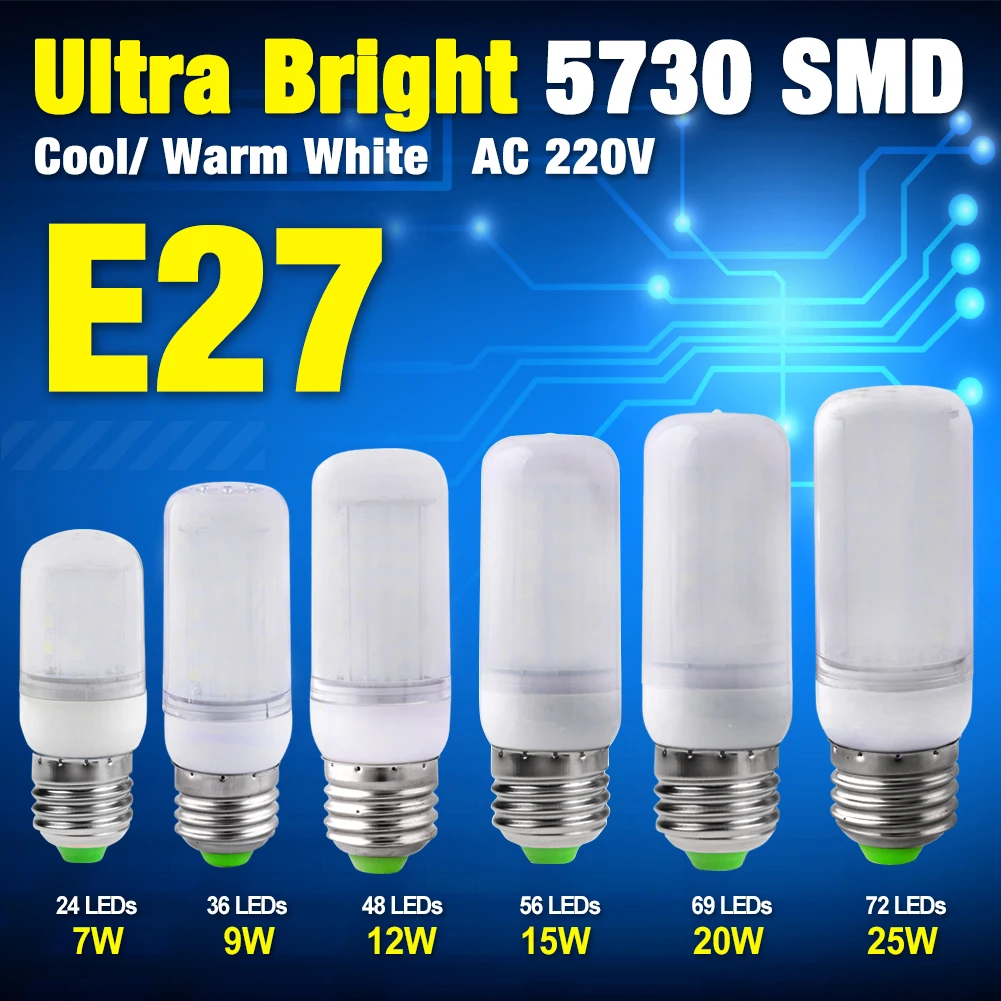 

10pcs E14 E27 7W/ 9W/ 12W/ 15W/ 20W/ 25W 220V Bright 5730 SMD New Milky LED Corn Bulb Lamp Light Warm Cool White Energy Saving