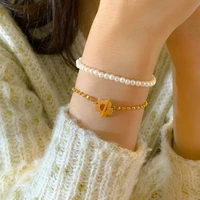 korean simple flower charm ot buckle bracelets for women trendy metal beaded imitation pearls bracelet 2022 fashion jewelry gift