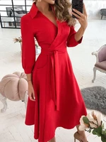 34 sleeve sexy lapel lace up party red dress black business vintage elegant floral print dot wedding dresses women robe clothes