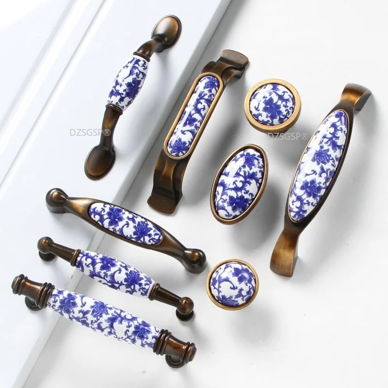 

Blue Bronze Drawer Cabinet Pull and White Porcelain/ Antique Brass Knobs Fashion Creative Ceramic Furniture Handle