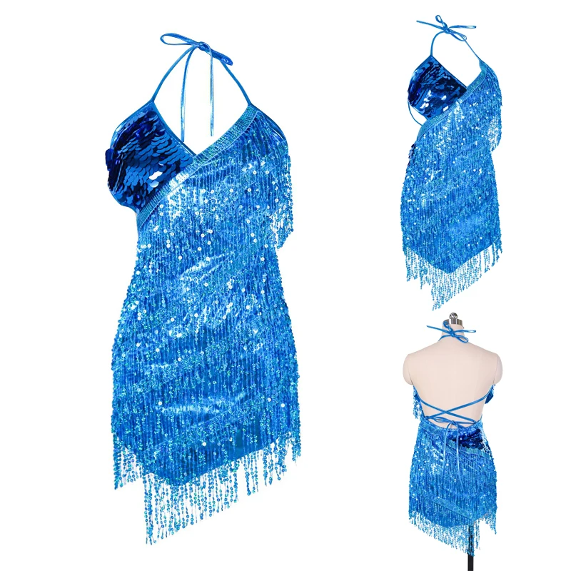 Formal Latin Dance Dresses Backless Sequin Tassel Dance Dress For Women Sexy Sling Halter Salsa Mini Dress Stage Costumes