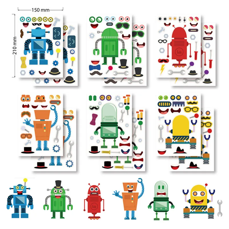 6/12sheets Make A Robot Stickers for Kids DIY Robot Face Puzzle Jigsaw Fun Craft Project Children Boy Girl Birthday Gifts Favor