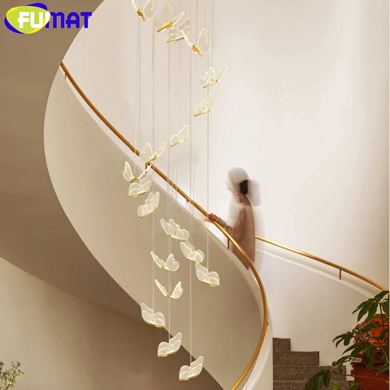 

FUMAT Staircase Chandelier LED Acrylic Butterfly Pendant Lighting for Villa Duplex Living Room Luxury Restaurant Hanging Light
