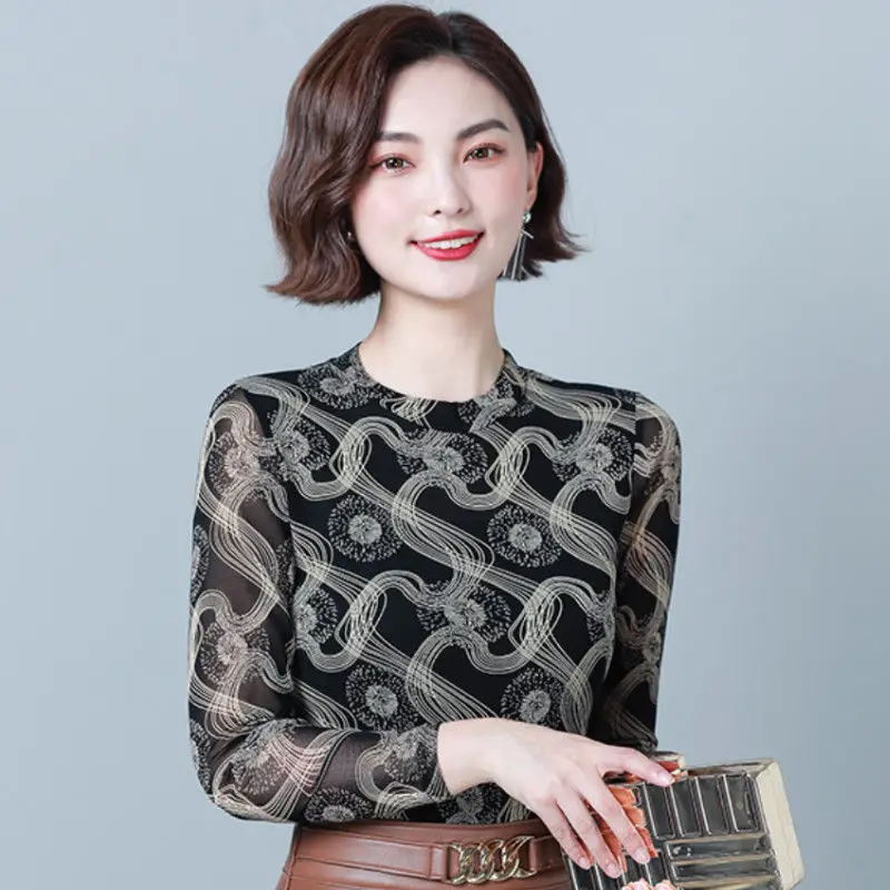 

Новинка, сетчатая теплая рубашка с коротким высоким воротником и бархатной подкладкой, Женская осенне-зимняя футболка с длинным рукавом, об...