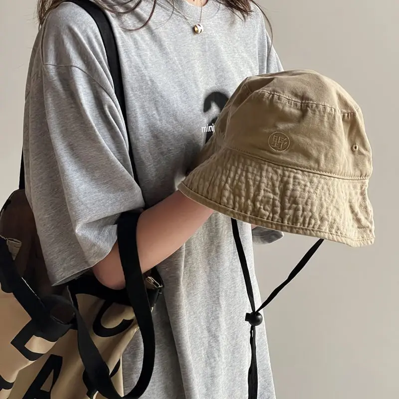 

Chinoiserie Embroidery Drawstring Solid Bucket hat Face covering Sunscreen Hat Outdoor Sunshade Basin Hat in Spring and Summer