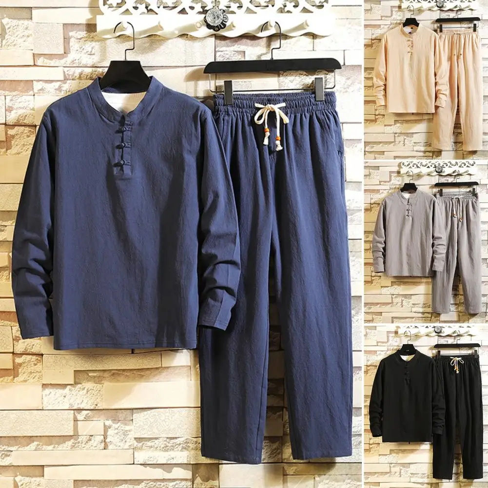 

New Arrival Men's Cotton and Linen Short Sleeve T-shirt+Ankle Length Pant Set Solid Shirt+Trousers Home Suits Male Size M-4XL