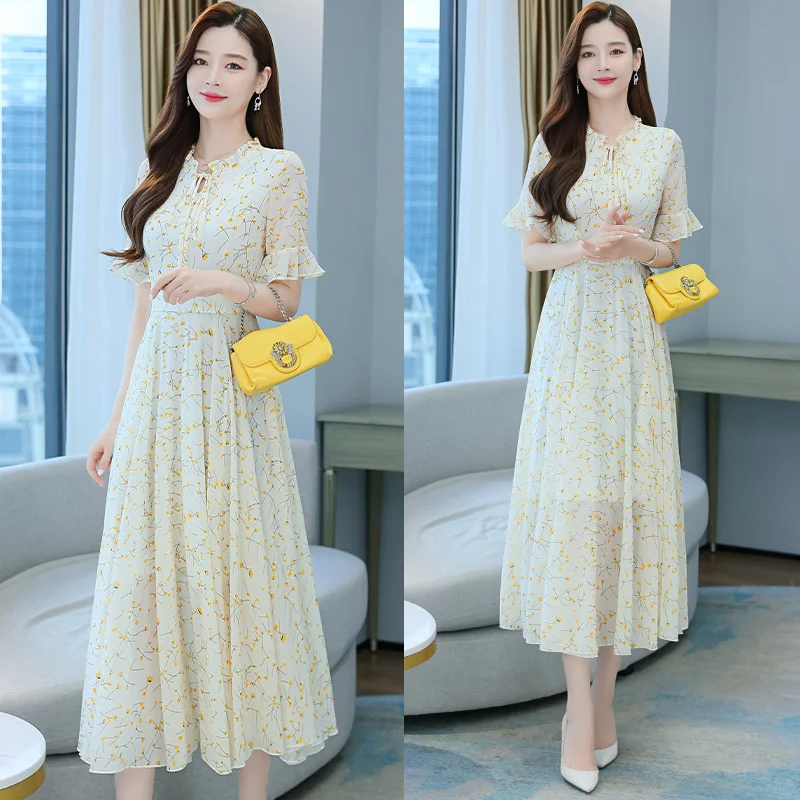 

Summer New Women's Vintage Print Chiffon Midi Dress Ladies Short Sleeve Elegant Temperament Lace Up Slim Dresses Beach Vestidos