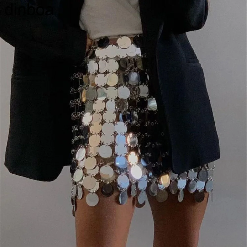 Trendy Shiny Sequins Mini Skirts for Women Sexy Double-layer Hollow Out Solid Short Bottom Nightclub Party Festival Sparkly Skir