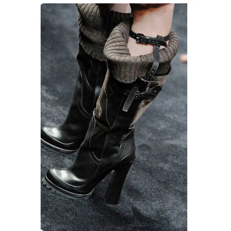 

Weave Buckle Decor Thick Heel Boots Knee High Round Toe Fashionable Sexy Novel Style Summer 2023 Woman Shoes Zapatillas Mujer