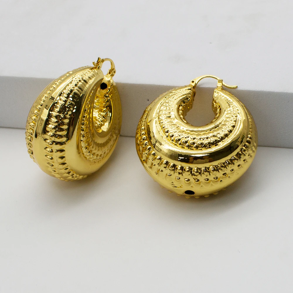 

24K Gold Plated Big Statement Golden Hoop Earrings For Women African Dubai Bijoux Wedding Party Daily Use