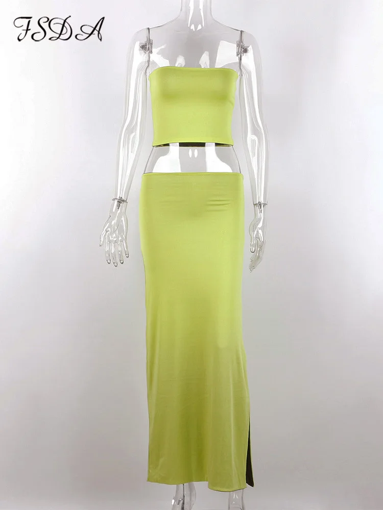 FSDA 2022 Summer Women Outfits Party Y2K Beach Strapless Crop Top And Midi Bodycon Skirt Set Two Piece Sexy Club