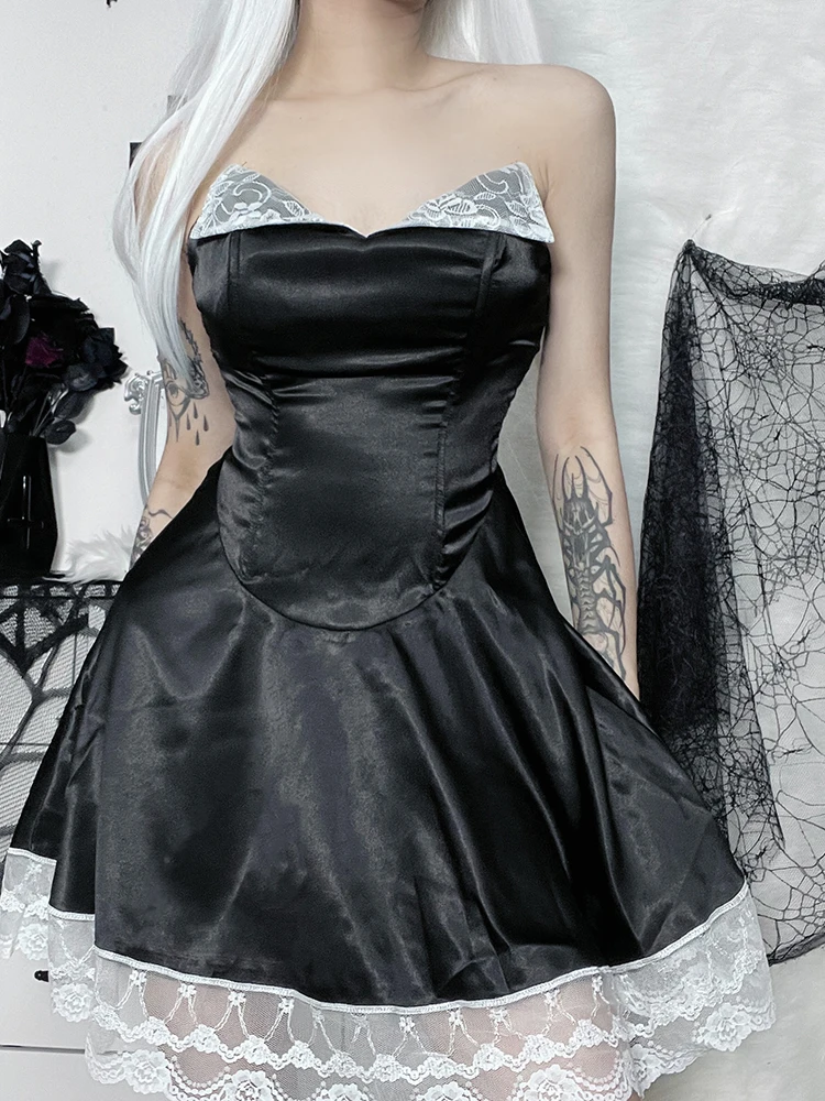 

New Strapless Dress Satin Gothic Vintage A Line Corset Lace Trim Halter Evening Dresses Y2K Chic Elegant Black Party Dress