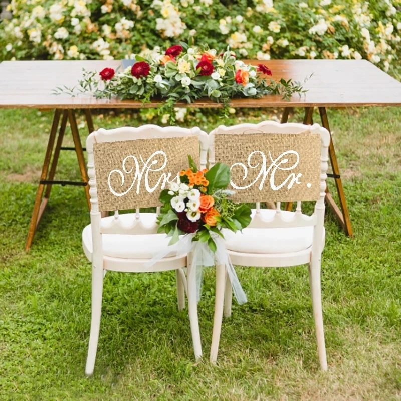 

2Pcs/set Burlap Mr. & Mrs. Chair Banners Romantic Hanging Chair Sign Flag Rustic Khaki Wedding Party Photo Prop Decoration