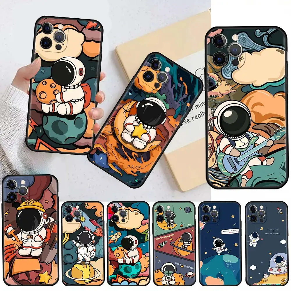 

Star Astronaut Cute Case For Apple iPhone 11 13 12 Pro 7 XR X XS Max 8 6 6S Plus 5 5S SE 2020 13Pro Black Phone Cover Capa