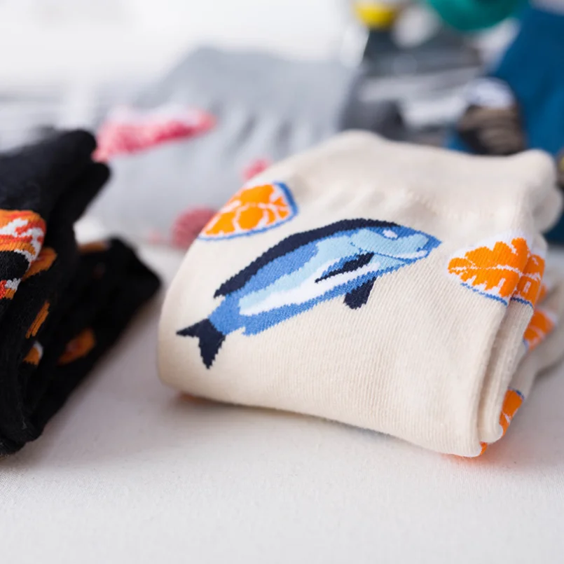 5 Pairs Happy Socks Cotton Women Men Male Ladies Creative Fish Funny Socks Printed Streetwear Novelty Japanese Harajuku Hosiery